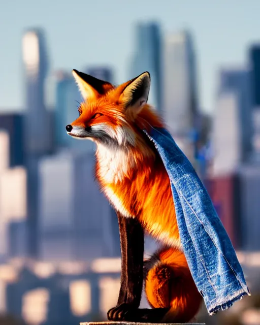 Image similar to photorealistic photo of anthropomorphic female fox animal dressed in jean jacket and scarf, fox animal, los angeles skyline in background, 8 5 mm f / 1. 4,