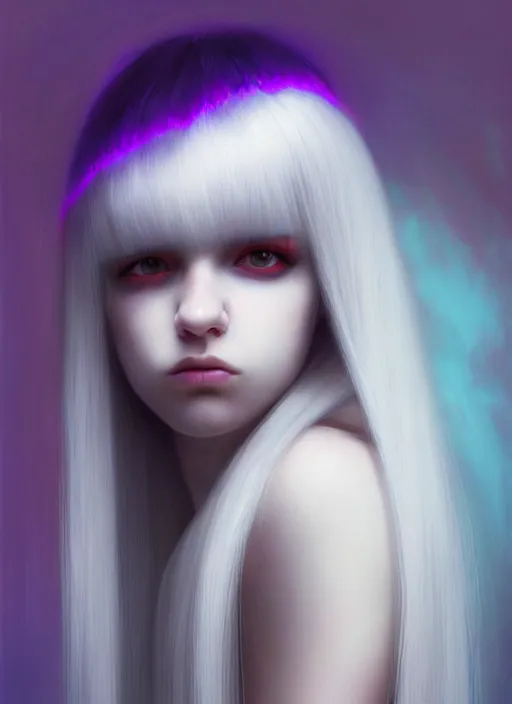 Image similar to hair whitebangs hair, black hair, whitebangs, portrait of teenage girl with white bangs, red irises, purple clothes, white bangs, bangs are different color from hair, intricate, elegant, glowing lights, highly detailed, digital painting, artstation, concept art, smooth, sharp focus, illustration, art by wlop, mars ravelo and greg rutkowski