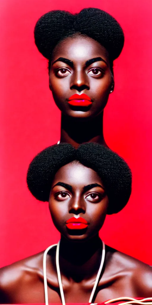 Prompt: medium shot, photograph of alluring dark skin young woman looking into camera, red lipstick, hundreds of cables and wires coming from her head, sharp focus,, as fashion editorial 9 0 s, symmetrical face, symmetry, kodak ektachrome