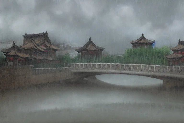 Prompt: in the rain, beijing houses, bridge, river mysterious and serene landscape, clouds, by zhang zeduan, tang yin, zhang daqian, qiu ying, trending on artstation