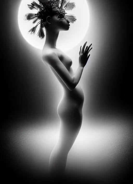 Image similar to surreal mythical dreamy dark artistic black and white fine art fashion portrait photo of a young beautiful delicate artificial intelligence creature embodied giving birth to the new world, spiritual, halo, glory, rim light, cinematic, studio dramatic light, poetic, masterpiece, octane render, 8 k, photo - realistic by dora maar man ray