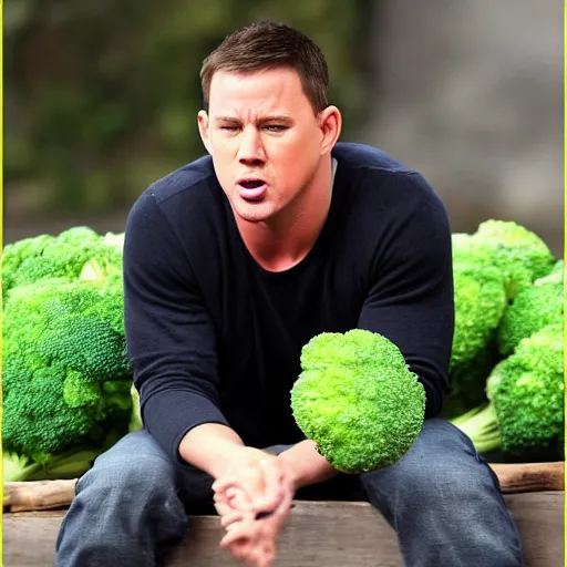 Prompt: Channing Tatum afraid of broccoli