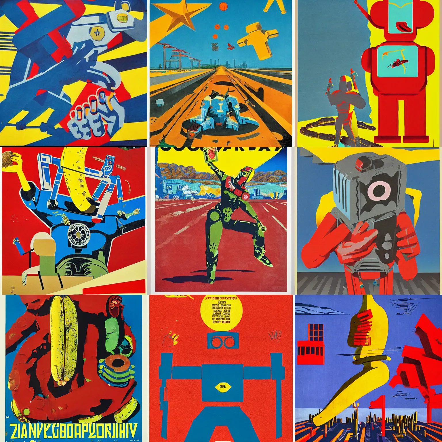 Prompt: giant robot slips on a banana, soviet art poster propaganda, by ilya ostroukhov, dystopian art, poster art by david wojnarowicz, stuart davis