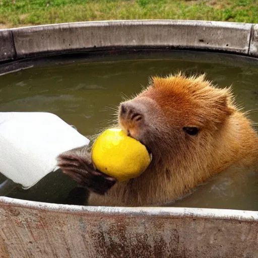 Image similar to capybara eating lemons, sitting in a tub of lemons, happy capybara