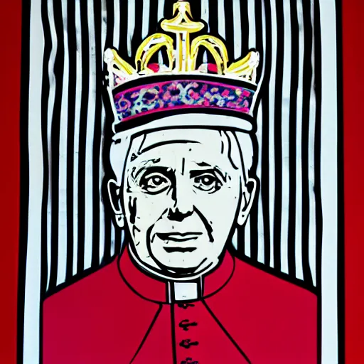 Image similar to portrait of pope benedict xvi wearing tiara on the top of his head in the style of screen print by andy warhol. pop art