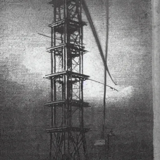 Prompt: grainy 1800s newspaper photo of a tartarian free energy tower harvesting electricity from the air