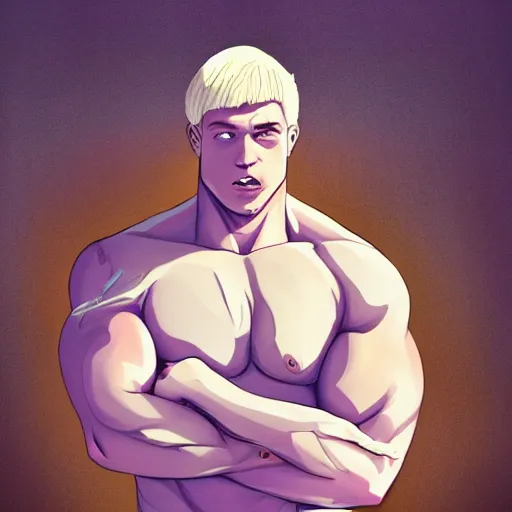 Prompt: portrait of the immensely towering bodybuilder Lucius Bjornsson with beautiful long pale blond hair, albino white pale skin, posing for a photoshoot in the golden hour, black tank top, broad shoulders and huge thick arms, ambient lighting, 4k, anime key visual, lois van baarle, ilya kuvshinov, rossdraws, artstation