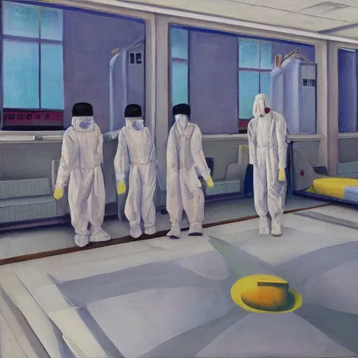 Image similar to pandemic hospital, hazmat suits, dystopian, pj crook, edward hopper, oil on canvas