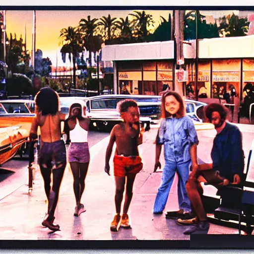 Prompt: streetlife in los angeles sunset with happy people in 1 9 7 0. 7 0's color 4 k