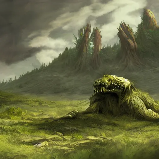 Image similar to the remains of a dead giant laying across a valley, concept art, natural, plains, green overgrown, fantastical