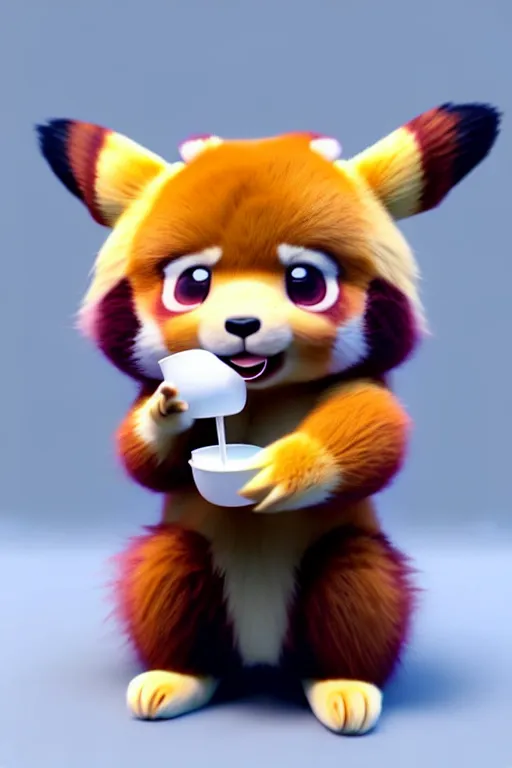 Image similar to high quality 3 d render hyperrealist very cute pastel fluffy red panda & koala hybrid stuffing mouth with ice cream, vray smooth, in the style of detective pikachu, very dramatic light, low angle, uhd 8 k, shallow depth or field