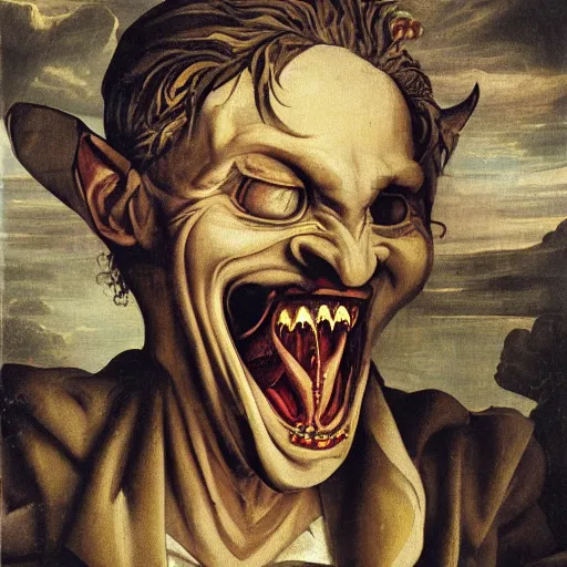 Image similar to an oil painting of an extremely ugly vampire Gargoyle, Renaissance painting, Renaissance Port City background, vampire teeth, 1450, holding paper fan