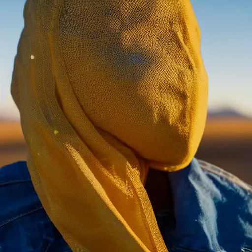 Image similar to female balaclava photography portrait, desert wind, golden particles flying in the air, bokeh, golden hour