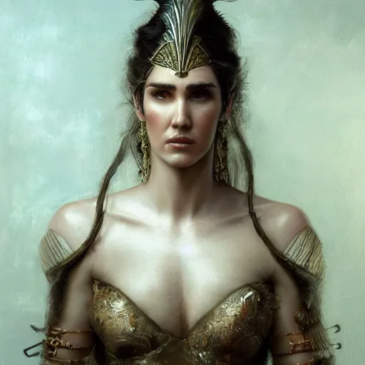 Prompt: portrait of jennifer connelly as amazon in an intricate dress by roberto ferri, fantasy, witcher, very detailed, masterpiece, 8 k