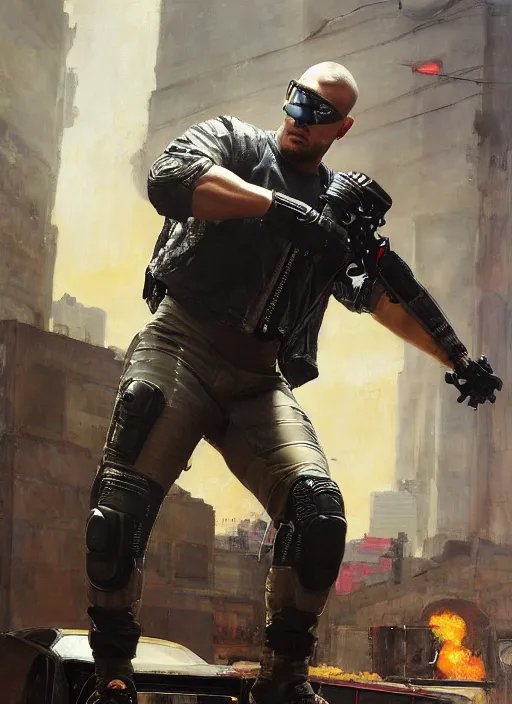 Image similar to big mike lifting a motorcycle. cyberpunk meathead wearing a military vest and combat gear. (Cyberpunk 2077, bladerunner 2049). Iranian orientalist portrait by john william waterhouse and Edwin Longsden Long and Theodore Ralli and Nasreddine Dinet, oil on canvas. Cinematic, hyper realism, realistic proportions, dramatic lighting, high detail 4k