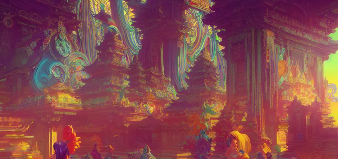 Prompt: a buddhist temple, netrunner accents, vaporwave aesthetic, colorful, psychedelic, digital painting, artstation, concept art, smooth, sharp focus, illustration, art by artgerm and greg rutkowski and alphonse mucha