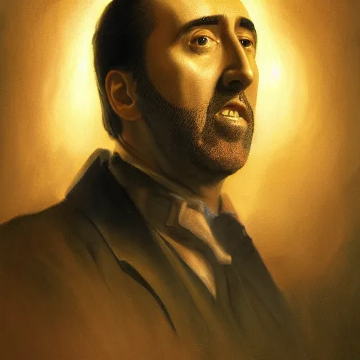 Image similar to Portrait of a Nic Cage , art by Albert Bierstadt and James Gurney, highly detailed, digital painting, matte painting, concept art, illustration, oppressive lighting, trending on artstation, very detailed