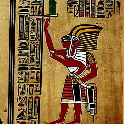 Prompt: ancient egyptian papyrus showing a fat man eating a mcdonalds hamburger