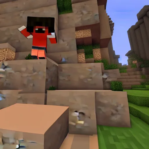 Prompt: minecraft steve jumping into lava holding cow