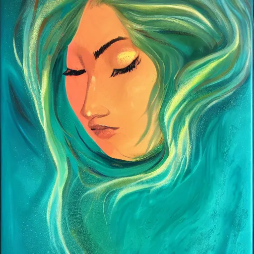 Image similar to beauty silhouette drowning in a turquoise wavy sea, feminine, healing, appeasing, waves, tsunami, she loves another one, mental health, oil painting, by francis bacon, emotional conflict, hd, 8 k, trending on artstation, paradoxal, perfect framing, neo - expressionism, expressive