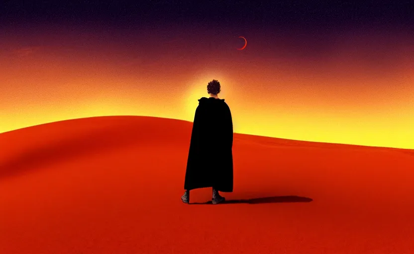 Image similar to Paul Atreides on a sand dune, desert landscape, simple robe, blowing in the wind, artstation, sun setting, orange and red sky, Paul silhouetted against the horizon, detailed, futuristic, intricate, detailed, photorealistic imagery, artstation