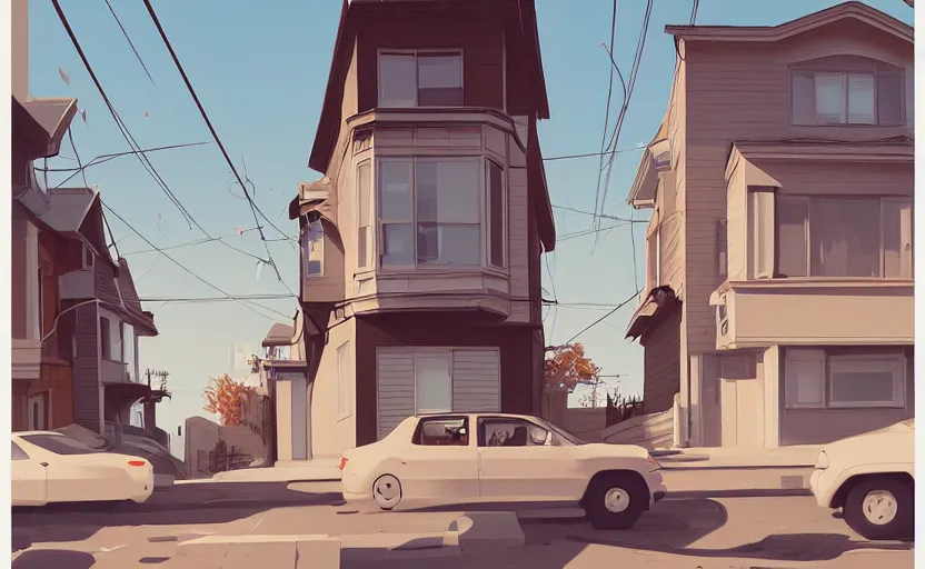 Image similar to a front view san francisco neighborhood illustration by atey ghailan, trending on artstation