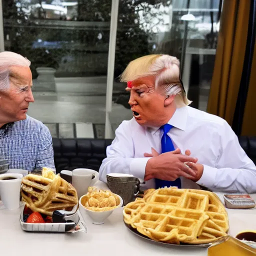 Image similar to photograph of trump and Biden sitting and eating breakfast at a Wafflehouse