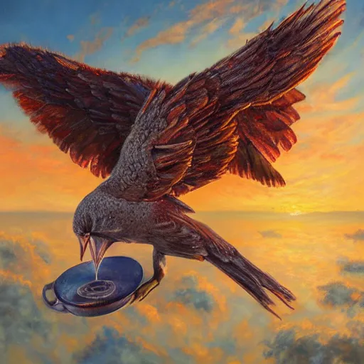 Image similar to a pancake with wings, flapping its wings flying in sunset sky, oil on canvas, portrait, intricate, 8k highly professionally detailed, HDR, CGsociety