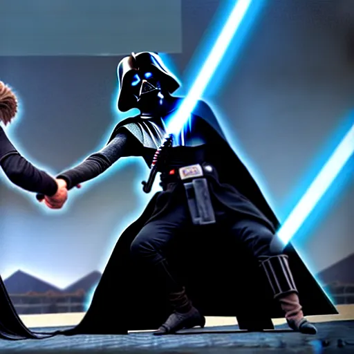 Prompt: ultra detailed picture of a fight between darth vador and anakin skywalker, unreal engine, extremely detailed, epic, dark, highly realistic, beautiful, ultra hd