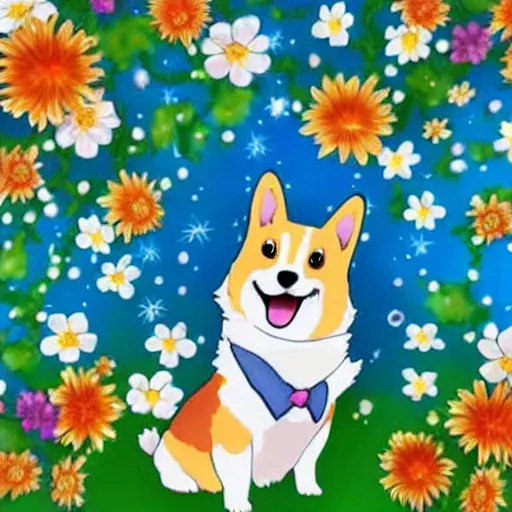 Image similar to anime corgi, sparkling petals, cute, happy