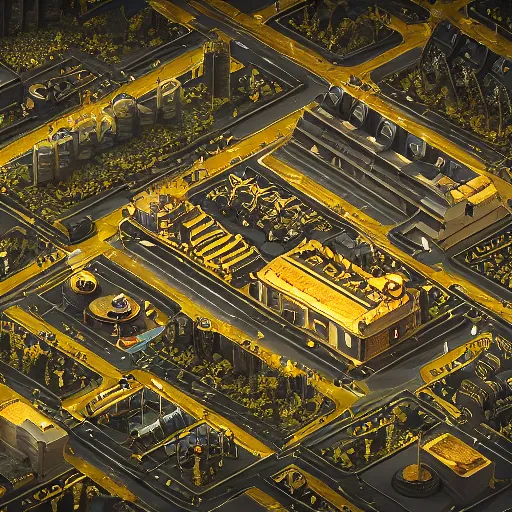 Image similar to Isometric goldpunk steampunk, residential mansion estate, black background, insanely detailed and intricate, aerial view, trending on ArtStation, Sim City 4, Anno 2070, CIties: Skylines, by Simon Stålenhag and Jim Burns, Cycles4D render, black paper, birds eye view