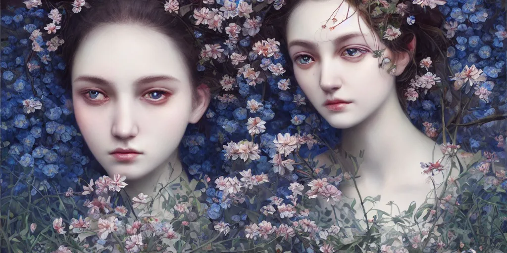 Image similar to breathtaking detailed concept art painting portrait of the goddess of nemophila flowers, orthodox saint, with anxious piercing eyes, ornate background, amalgamation of leaves and flowers, by hsiao - ron cheng, extremely moody lighting, 8 k