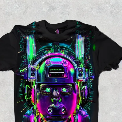 Image similar to photoshop mockup of a black tshirt with a hyperdetailed portrait of a spaced out diesel punk robot, 8 k, symetrical, flourescent colors, multicolored,