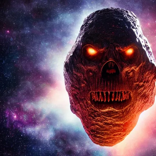 Prompt: dark and moody high - budget arthouse imax film, a giant massive ominous awe - inspiring scary metallic evil demonic head with a giant angry open mouth carved into a gigantic asteroid, floating in deep space filled with stars and galaxies, volumetric lighting, light rays, backlit, f 1. 8