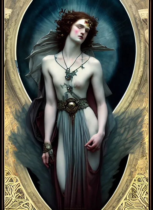 Image similar to majestic immortal vampire lord porcelain skin man movie poster, art style by edmund leighton, tom bagshaw, alphonse mucha, exquisite digital art, haunting, masterpiece, organic painting, photorealistic, ornate and hyper detailed