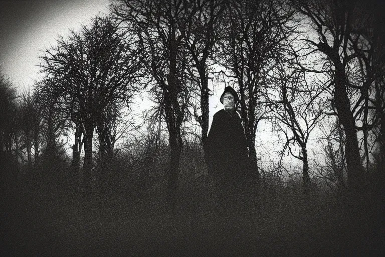 Image similar to “Photo in style of Matt Mahurin. Close-up of a serious old man in a garden full of levitating trees. The dark sky is torn open like a paper and bright light shines through it. Dark. Cinematic lighting. Old grainy photo.”