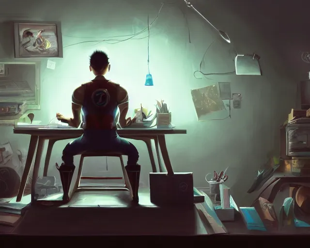 Image similar to an insanely detailed painting of a nerdy asian man wearing a superhero costume, sitting at a desk, staring at the nervously at the computer and typing, in the style of peter mohrbacher, dramatic lighting and composition, octane render, pixar, trending on artstation, concept art, comic book, view from behind