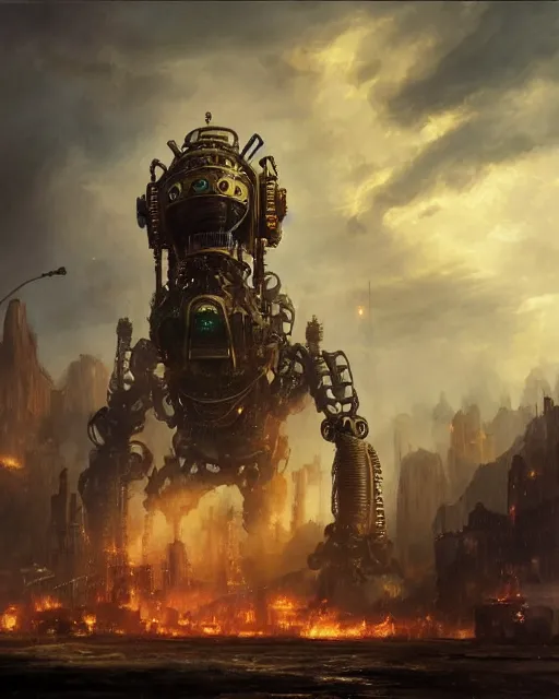 Image similar to oil painting of King Kong Robot attacking, Steampunk, sharp focus, fantasy style, steampunk city background, octane render, volumetric lighting, 8k high definition, by greg rutkowski, highly detailed, trending on art Station, magic the gathering artwork, centered, dramatic artwork, combat scene, fire, explosions
