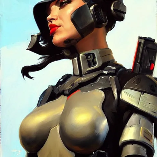 Image similar to greg manchess portrait painting of armored neena thurman aka domino as overwatch character, medium shot, asymmetrical, profile picture, organic painting, sunny day, matte painting, bold shapes, hard edges, street art, trending on artstation, by huang guangjian and gil elvgren and sachin teng