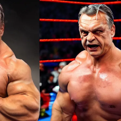 Image similar to pumped up muscled hungarian prime minister viktor orban as a wwe wrestler, real life photograph, award winning photograph, 4 k