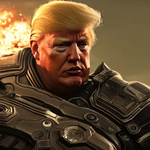 Image similar to Portrait! of President Donald Trump as ((captain america)) in Gears of War, splash art, movie still, cinematic lighting, dramatic, octane render, long lens, shallow depth of field, bokeh, anamorphic lens flare, 8k, hyper detailed, 35mm film grain