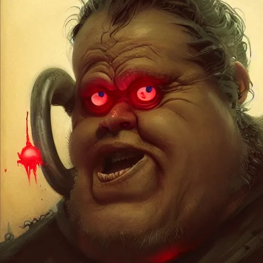 Prompt: head and shoulders portrait of a bloated blind dwarf with red glowing eyesockefs, d & d, fantasy, greg rutkowski, frank frazetta, alexandre chaudret, boris vallejo, michael whelan, miro petrov, hr giger, magali villeneuve, donato giancola