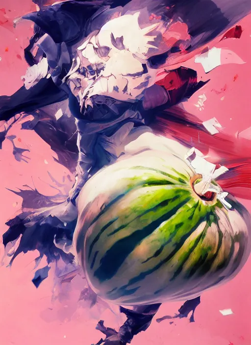 Image similar to semi reallistic gouache gesture painting, by yoshitaka amano, by ruan jia, by conrad roset, by dofus online artists, detailed anime 3 d render of an watermelon exploding in hundred of pieces, portrait, cgsociety, artstation, rococo mechanical, digital reality, sf 5 ink style, dieselpunk atmosphere, gesture drawn