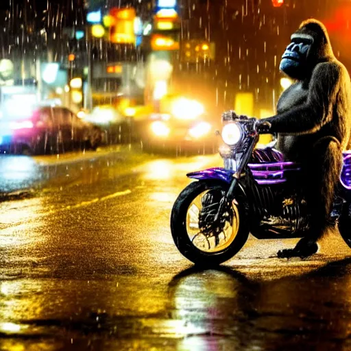 Image similar to a gorilla is riding a motor cycle in a cyberpunk city, shot from far away, during night, raining, many puddles on the street where the shiny motorcycle is reflected in