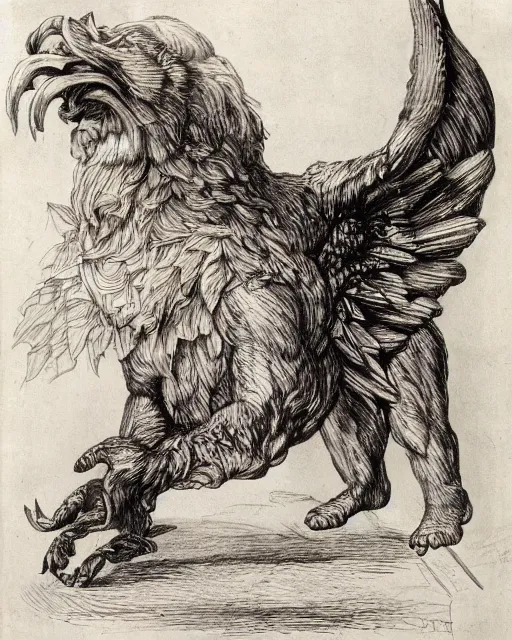 Image similar to human / eagle / lion / ox hybrid with two horns, one big beak, mane, human body. drawn by francis bacon