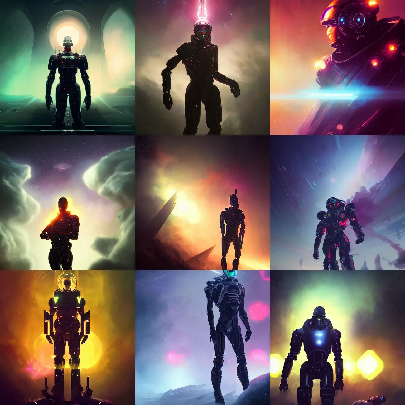 Prompt: humanoid _ muscular royal _ cyborg space _ men _ rockstar in _ a _ dramatic nebula in, mid shot, cinematic, backlight, mist, synthwave futuristic style by greg rutkowski