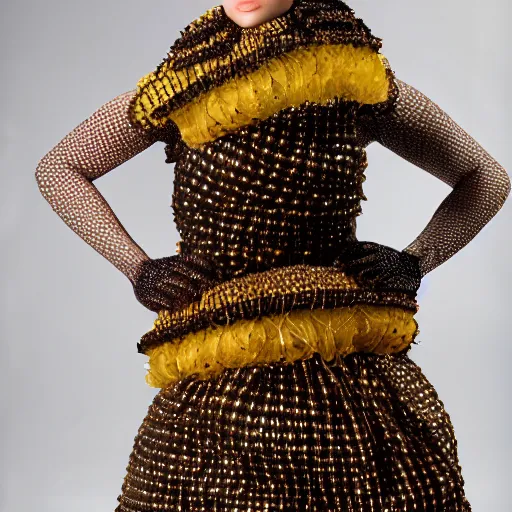 Image similar to a beautiful dress made of a real bee hive, on a mannequin. high resolution, studio lighting, closeup