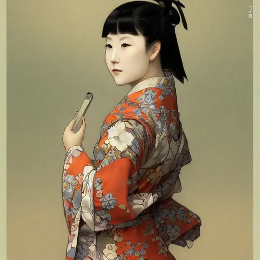 Prompt: beautiful japanese woman wearing a kimono, intricate, art by artgerm and greg rutkowski and alphonse mucha and william - adolphe bouguereau, high detailed, 4 k,