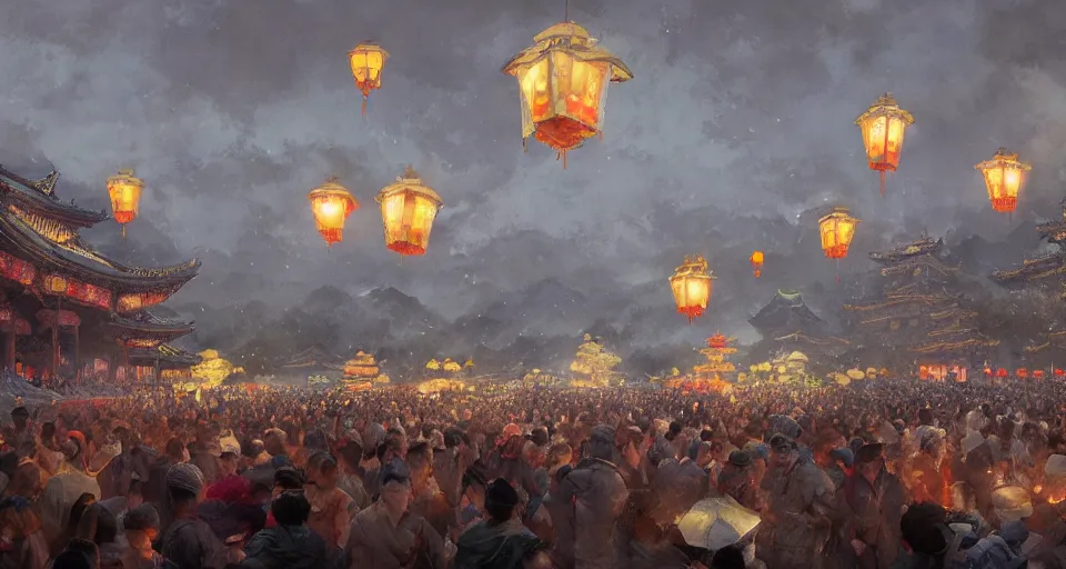 Image similar to craig mullins and ghibli digital art of zhongyuan festival in china ， lanterns in the sky, black night sky, stars, below is the crowd, rivers, villages ， unreal engine, hyper realism, realistic shading, cinematic composition, realistic render, octane render, detailed textures, photorealistic, wide shot