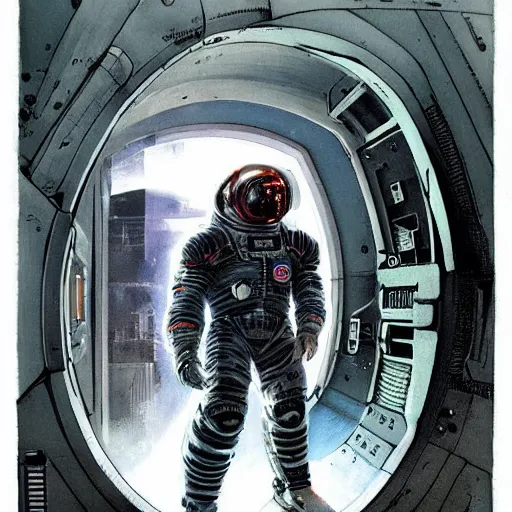 Prompt: Cyberpunk Dead Space themed Astronaut stepping out of an airlock, detailed illustration, Industrial Scifi, by Frank Frazetta and Martin Grip